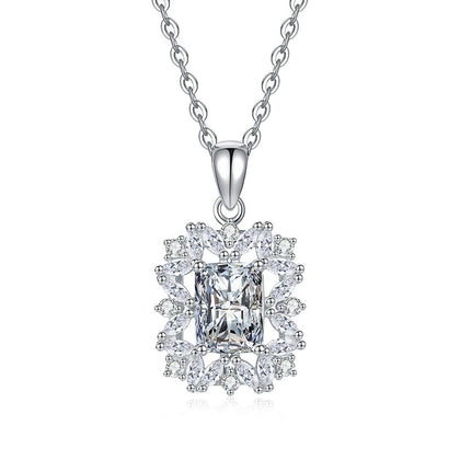 Emerald Cut Lab-Grown Gemstone and Moissanite Pendant Necklace in White Gold-Plated S925 Sterling Silver on clean white background showing the emerald-cut gemstone pendant with a geometric halo frame
