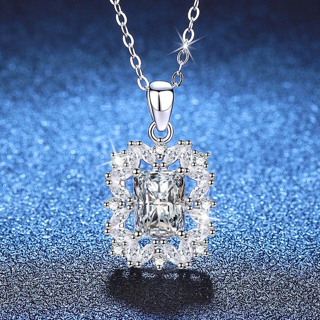 Emerald Cut Lab-Grown Gemstone and Moissanite Pendant Necklace in White Gold-Plated S925 Sterling Silver blue background product view