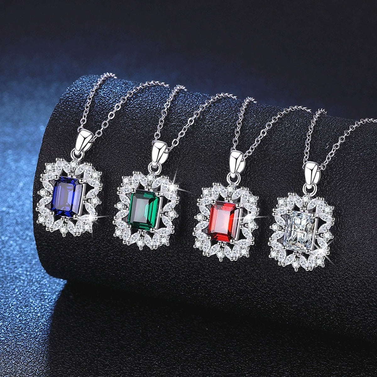 Emerald Cut Lab-Grown Gemstone and Moissanite Pendant Necklace in White Gold-Plated S925 Sterling Silver dark background product display view
