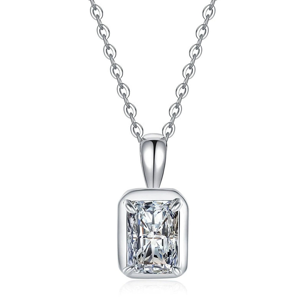 Emerald Cut Lab-Grown Gemstone and Moissanite Pendant Necklace in White Gold-Plated S925 Sterling Silver on clean white background showing the minimal emerald-cut gemstone solitaire pendant