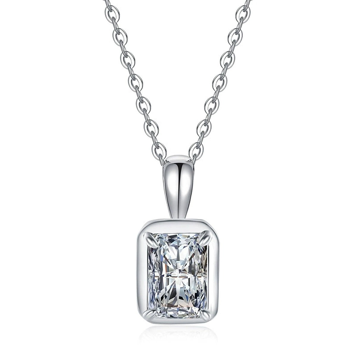 Emerald Cut Lab-Grown Gemstone and Moissanite Pendant Necklace in White Gold-Plated S925 Sterling Silver on clean white background showing the minimal emerald-cut gemstone solitaire pendant