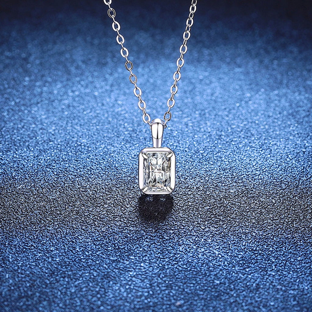 Emerald Cut Lab-Grown Gemstone and Moissanite Pendant Necklace in White Gold-Plated S925 Sterling Silver blue background product view
