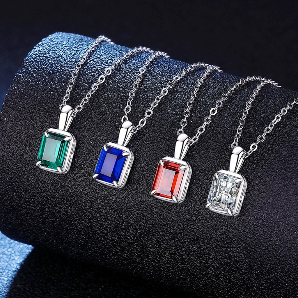Emerald Cut Lab-Grown Gemstone and Moissanite Pendant Necklace in White Gold-Plated S925 Sterling Silver dark background product display view