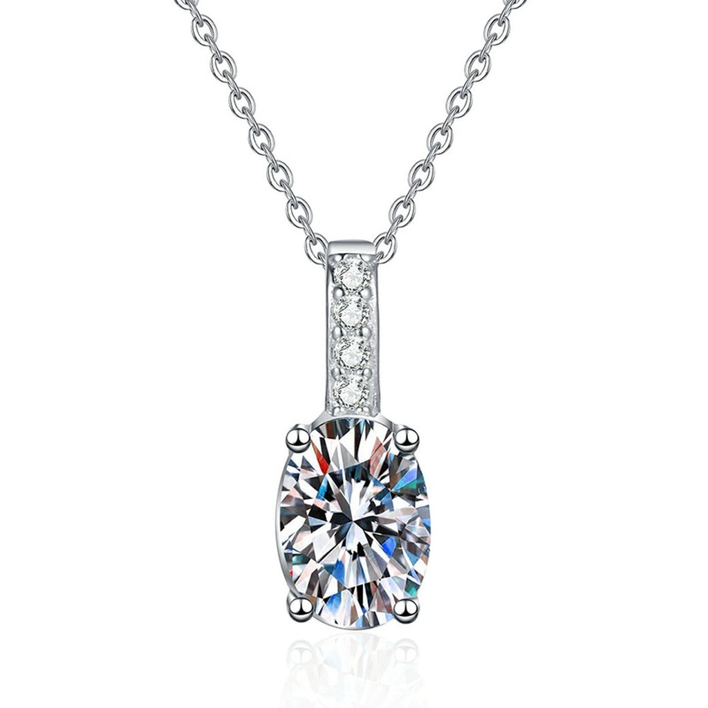 Oval Lab-Grown Gemstone and Moissanite Drop Necklace in White Gold-Plated S925 Sterling Silver on clean white background showing the oval gemstone drop pendant with a slim pavé bail