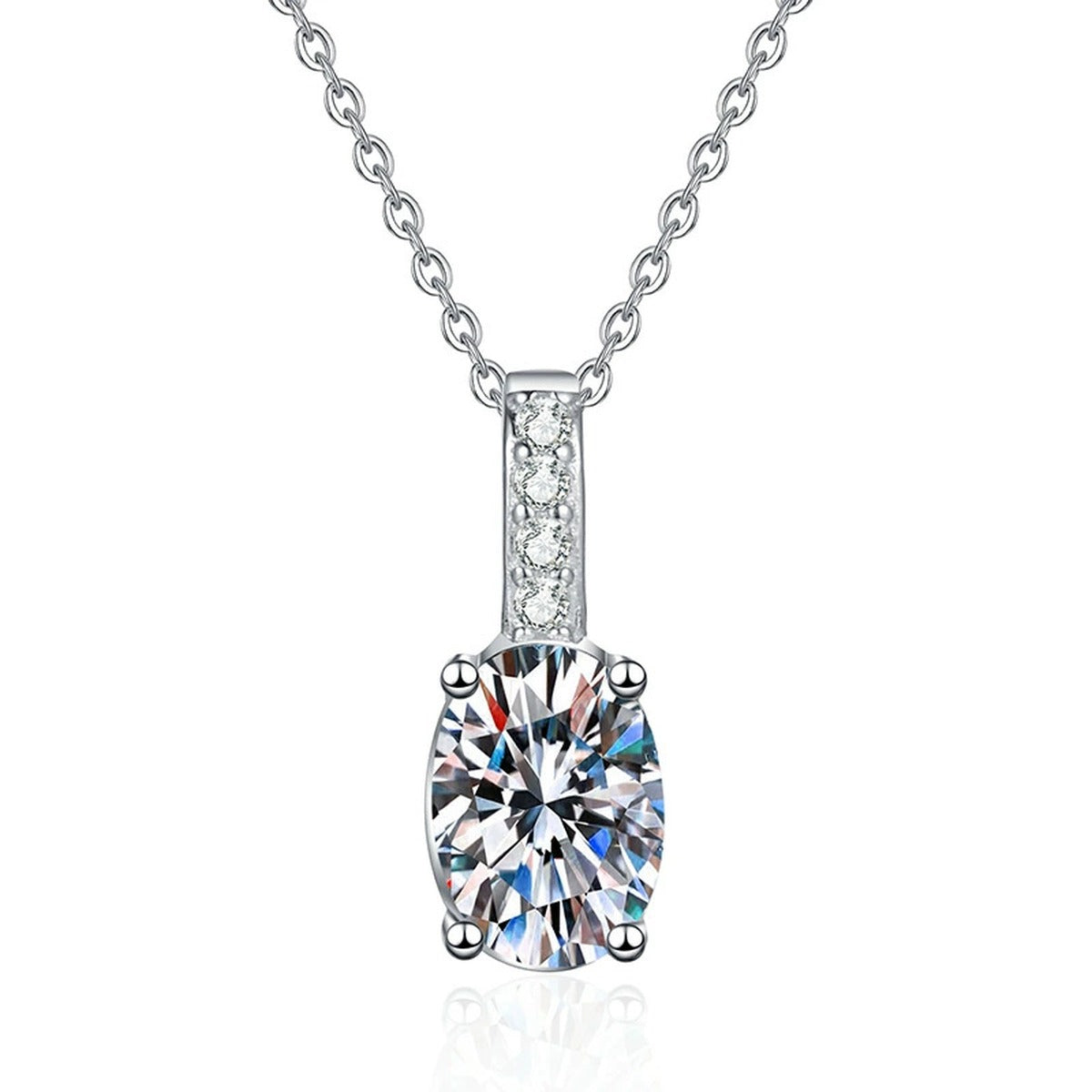 Oval Lab-Grown Gemstone and Moissanite Drop Necklace in White Gold-Plated S925 Sterling Silver on clean white background showing the oval gemstone drop pendant with a slim pavé bail