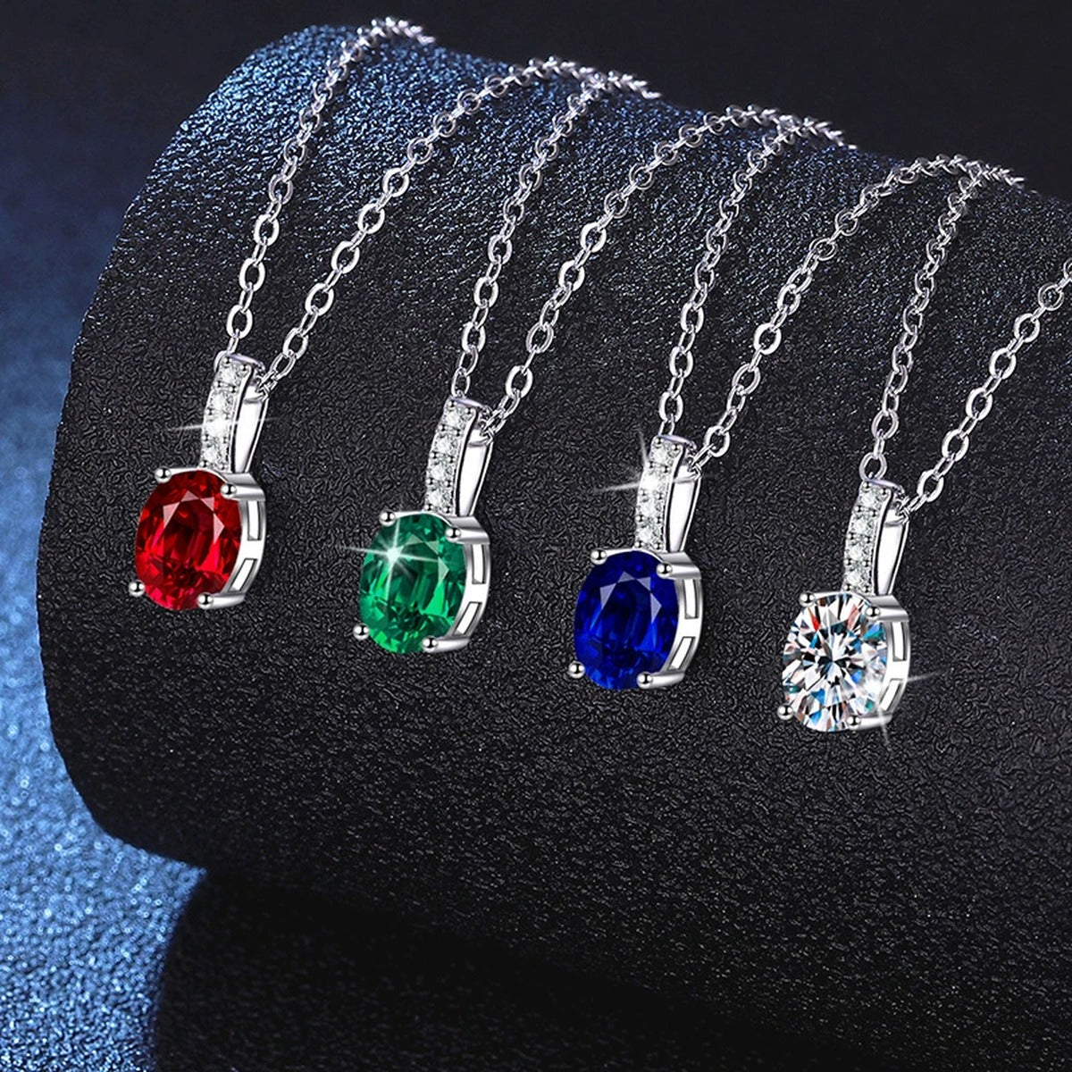 Oval Lab-Grown Gemstone and Moissanite Drop Necklace in White Gold-Plated S925 Sterling Silver dark background product display view