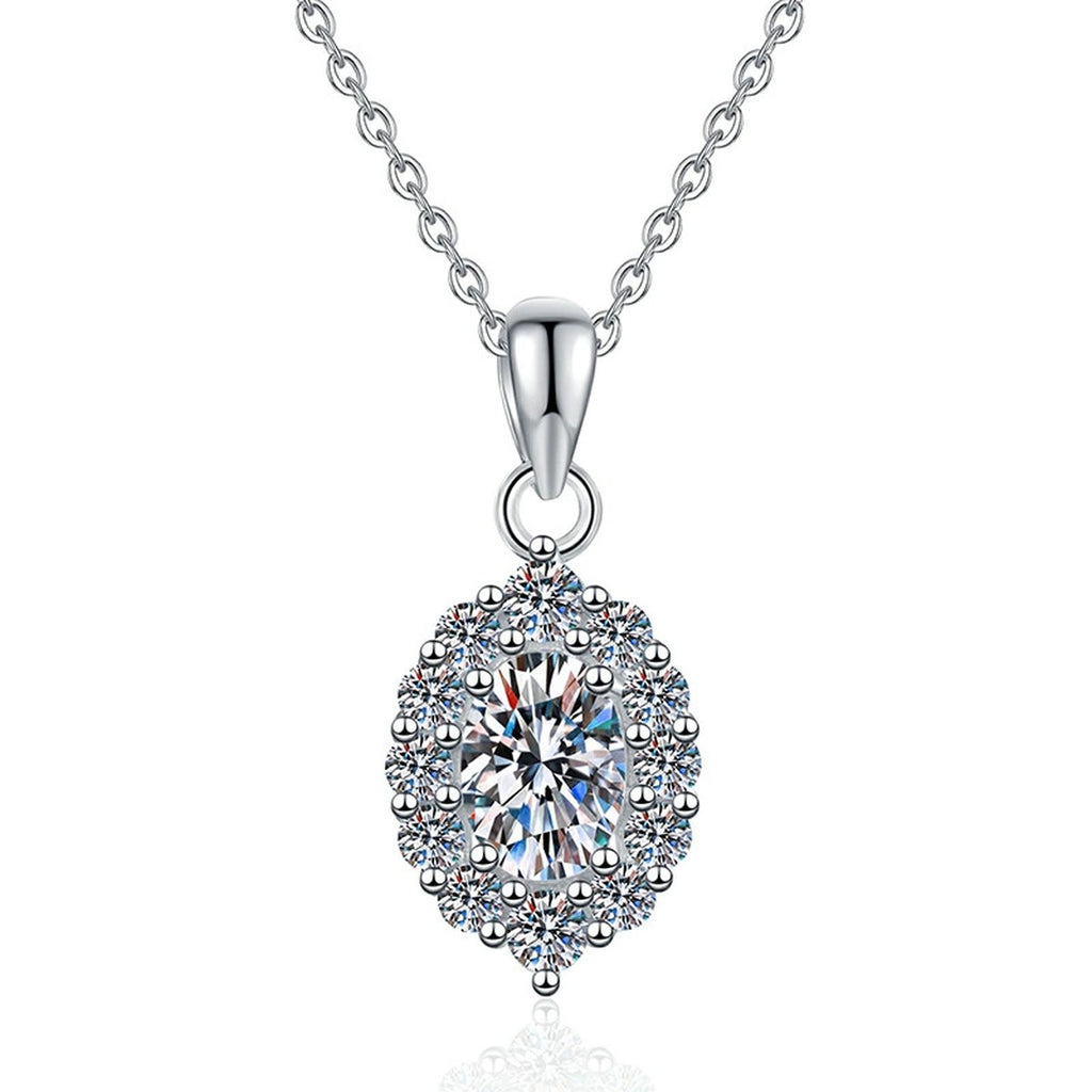 Oval Halo Lab-Grown Gemstone and Moissanite Pendant Necklace in White Gold-Plated S925 Sterling Silver on clean white background showing the oval gemstone pendant with a full halo frame