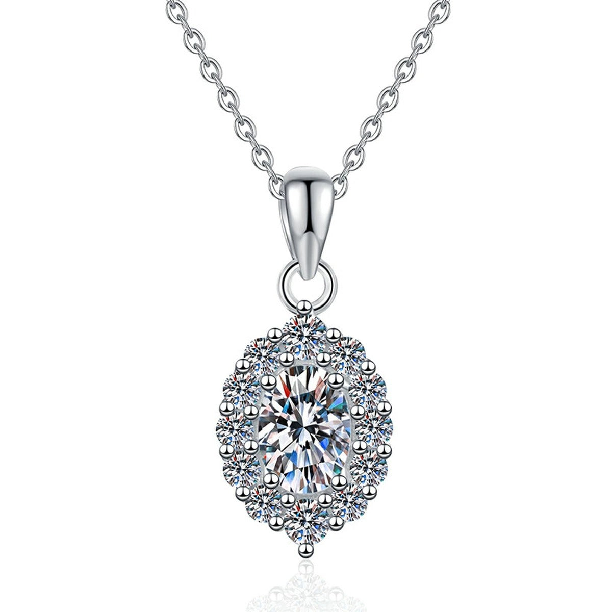 Oval Halo Lab-Grown Gemstone and Moissanite Pendant Necklace in White Gold-Plated S925 Sterling Silver on clean white background showing the oval gemstone pendant with a full halo frame