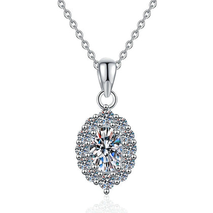 Oval Halo Lab-Grown Gemstone and Moissanite Pendant Necklace in White Gold-Plated S925 Sterling Silver on clean white background showing the oval gemstone pendant with a full halo frame
