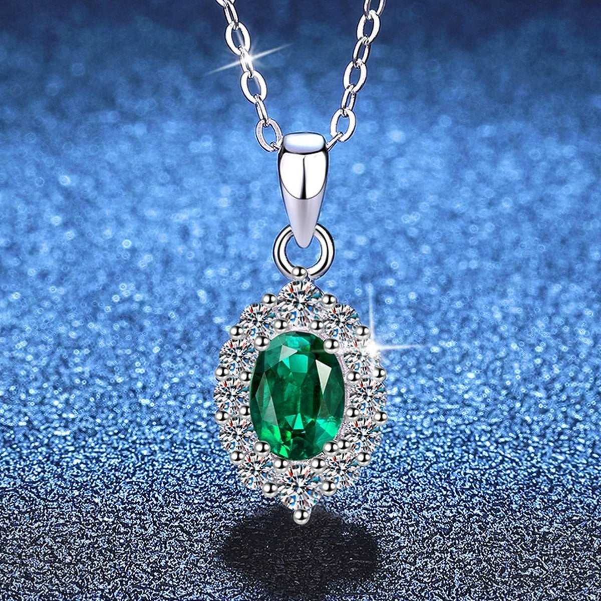 Oval Halo Lab-Grown Gemstone and Moissanite Pendant Necklace in White Gold-Plated S925 Sterling Silver blue background product view
