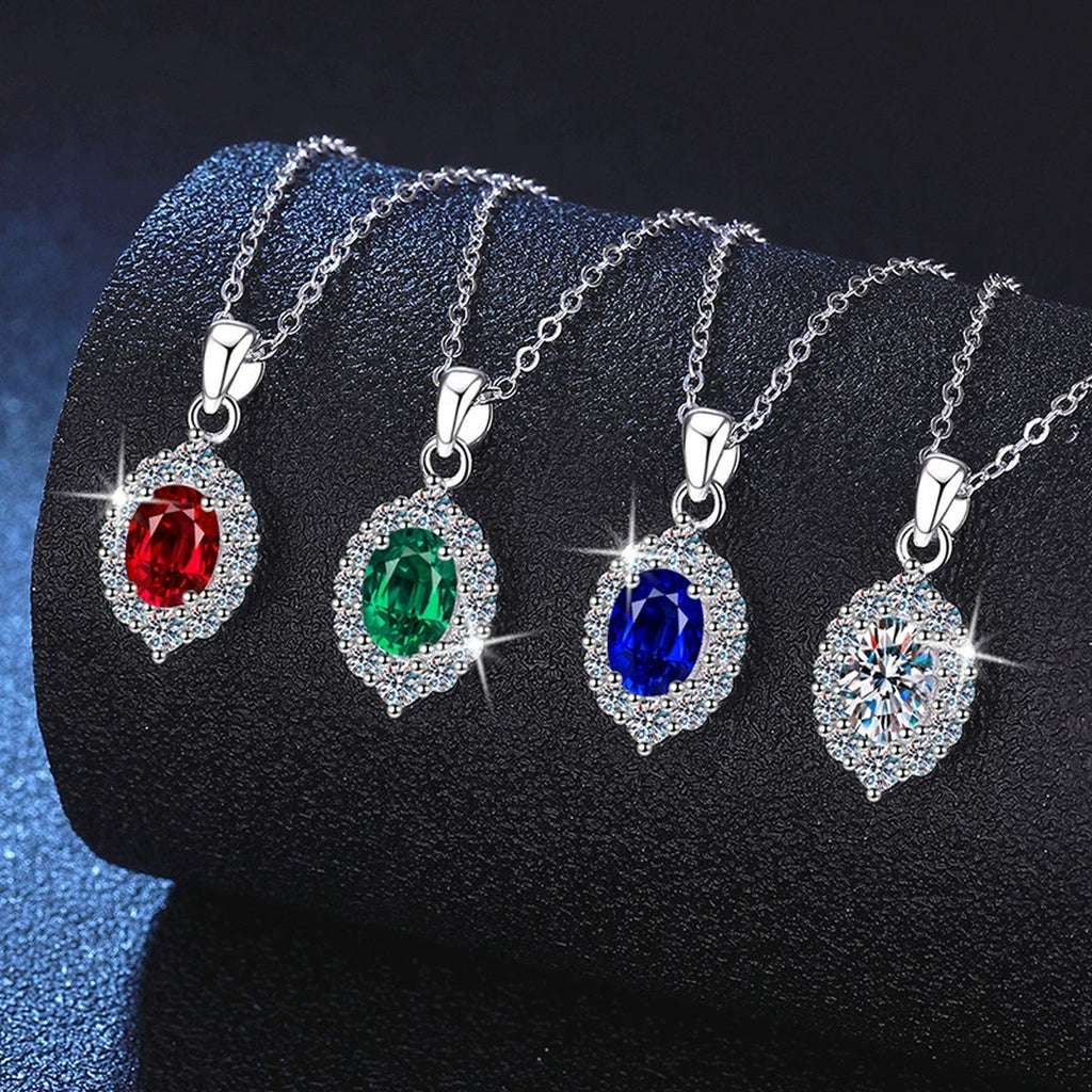 Oval Halo Lab-Grown Gemstone and Moissanite Pendant Necklace in White Gold-Plated S925 Sterling Silver dark background product display view