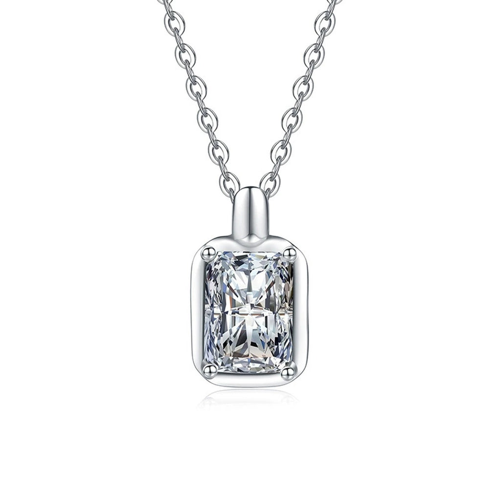 Emerald Cut Lab-Grown Gemstone and Moissanite Pendant Necklace in White Gold-Plated S925 Sterling Silver on clean white background showing the rounded-corner emerald-cut gemstone pendant with a polished bail