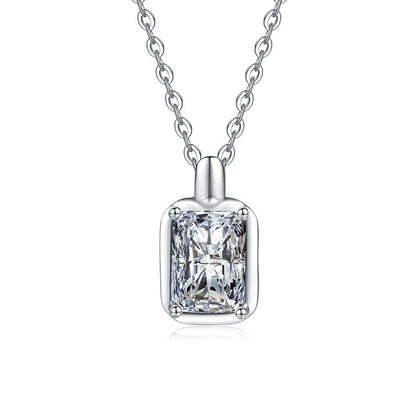 Emerald Cut Lab-Grown Gemstone and Moissanite Pendant Necklace in White Gold-Plated S925 Sterling Silver on clean white background showing the rounded-corner emerald-cut gemstone pendant with a polished bail