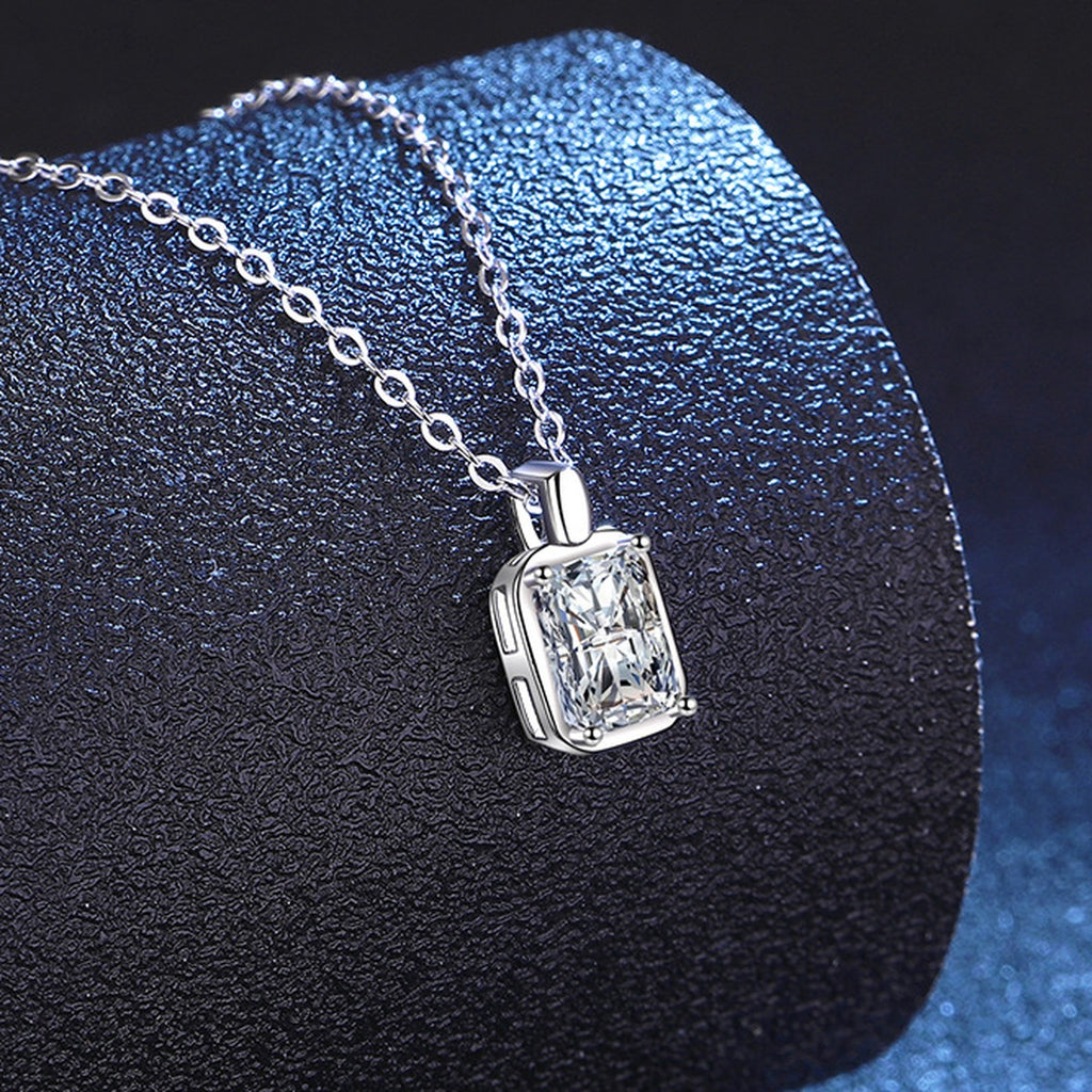 Emerald Cut Lab-Grown Gemstone and Moissanite Pendant Necklace in White Gold-Plated S925 Sterling Silver blue background product view