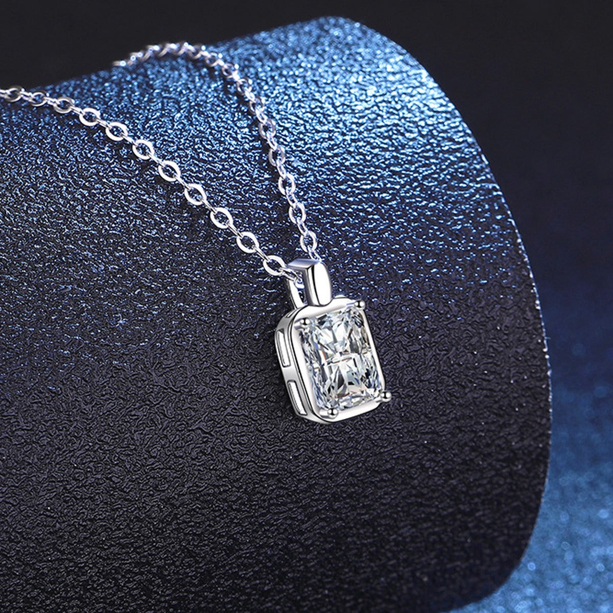 Emerald Cut Lab-Grown Gemstone and Moissanite Pendant Necklace in White Gold-Plated S925 Sterling Silver blue background product view