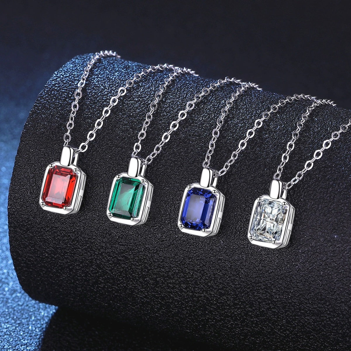 Emerald Cut Lab-Grown Gemstone and Moissanite Pendant Necklace in White Gold-Plated S925 Sterling Silver dark background product display view