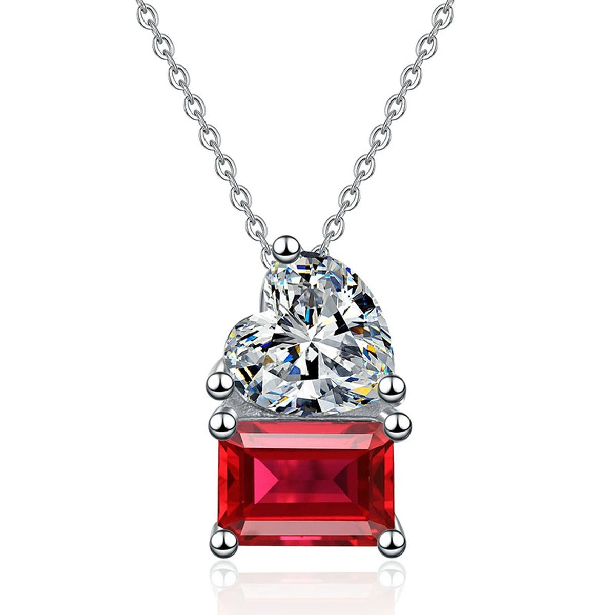 Heart Moissanite and Lab-Grown Gemstone Pendant Necklace in White Gold-Plated S925 Sterling Silver on clean white background showing the two-stone pendant with a heart moissanite above a rectangular gemstone