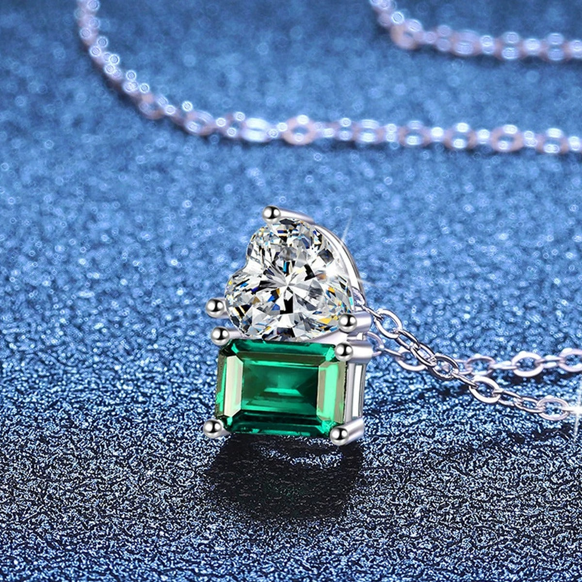 Heart Moissanite and Lab-Grown Gemstone Pendant Necklace in White Gold-Plated S925 Sterling Silver blue background product view