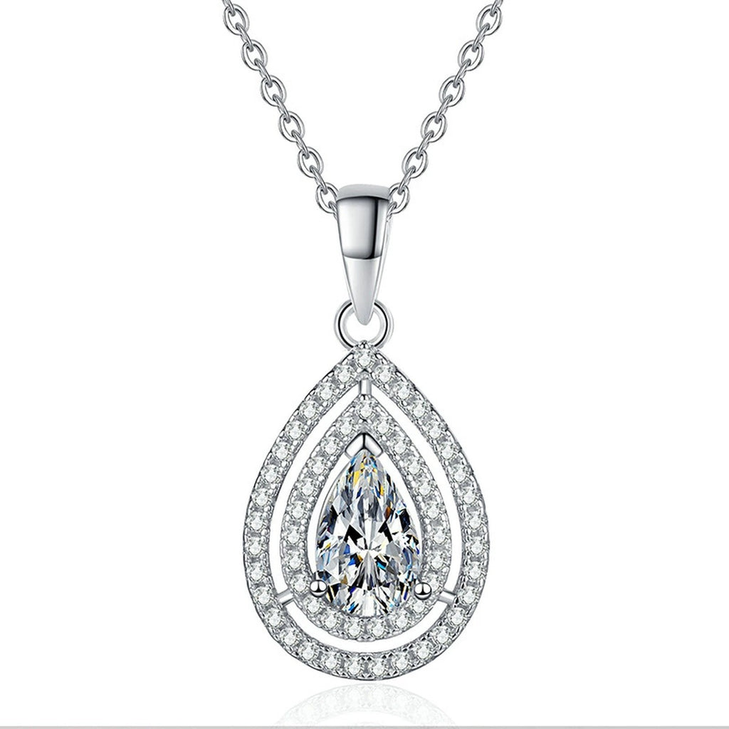 Pear Lab-Grown Gemstone and Moissanite Pendant Necklace in White Gold-Plated S925 Sterling Silver on clean white background showing the pear-shaped gemstone pendant with a double halo frame
