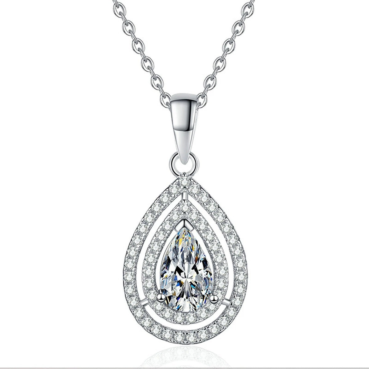 Pear Lab-Grown Gemstone and Moissanite Pendant Necklace in White Gold-Plated S925 Sterling Silver on clean white background showing the pear-shaped gemstone pendant with a double halo frame