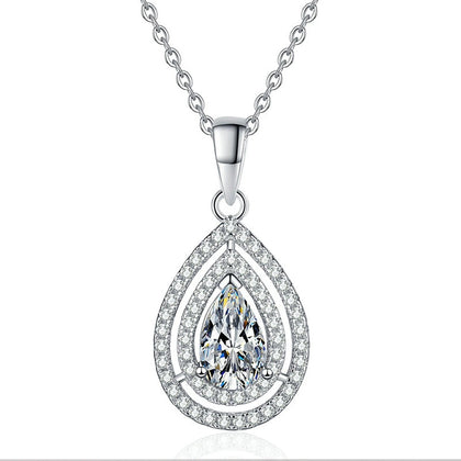 Pear Lab-Grown Gemstone and Moissanite Pendant Necklace in White Gold-Plated S925 Sterling Silver on clean white background showing the pear-shaped gemstone pendant with a double halo frame