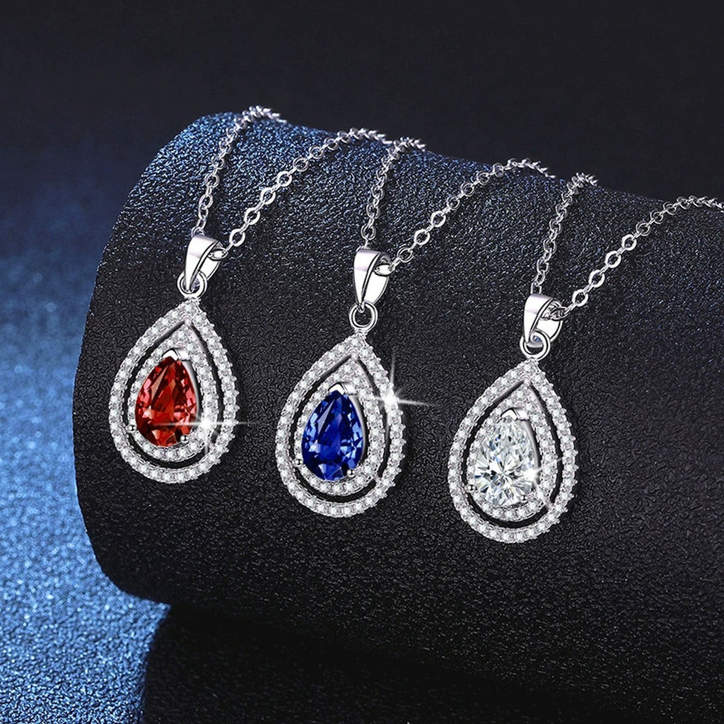 Pear Lab-Grown Gemstone and Moissanite Pendant Necklace in White Gold-Plated S925 Sterling Silver dark background product display view