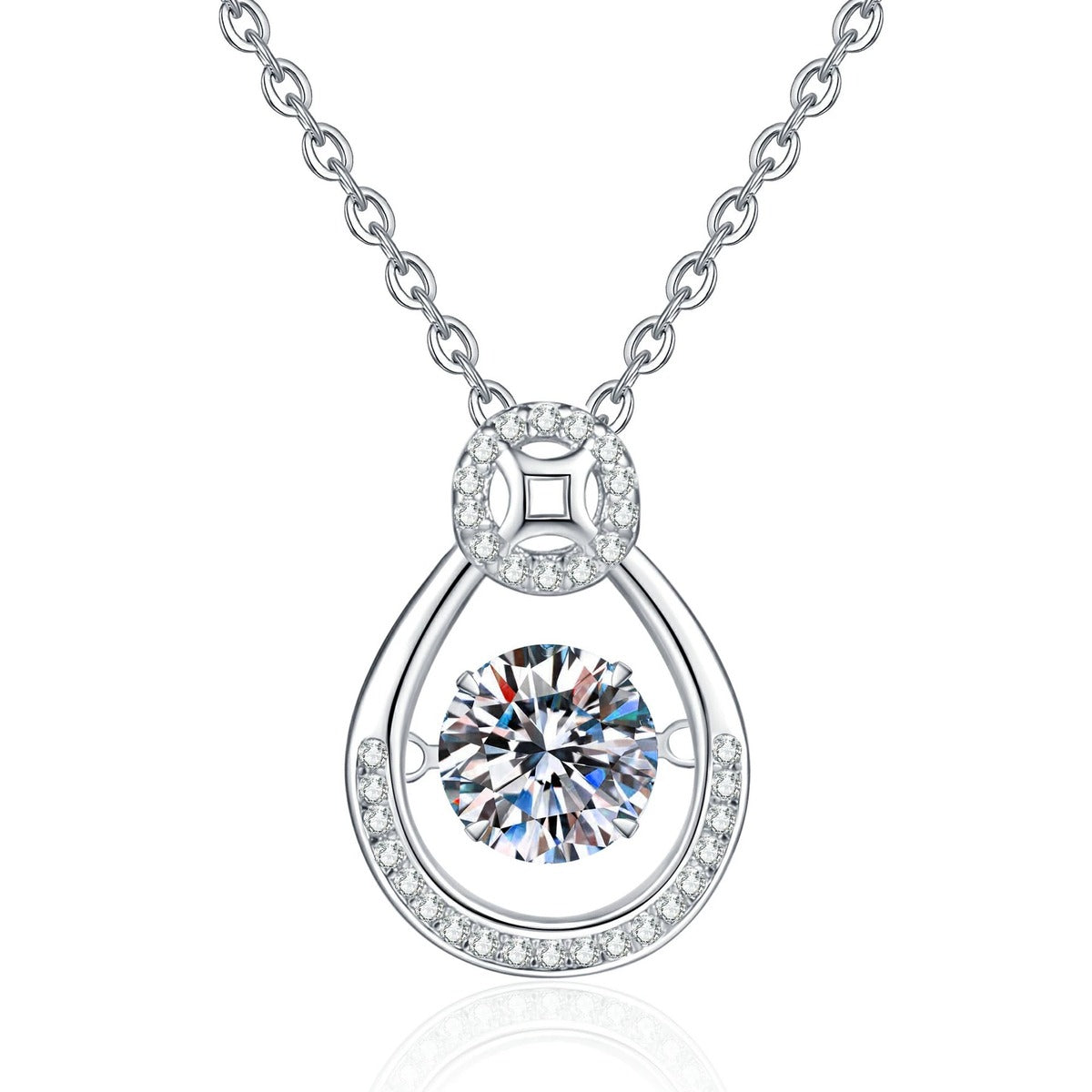 Oval Teardrop Moissanite Pendant Necklace with Cubic Zirconia in Platinum-Plated S925 Sterling Silver on clean white background showing the oval teardrop halo pendant with a round moissanite center