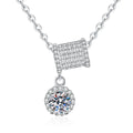 Square Station Moissanite Pendant Necklace with Cubic Zirconia in Platinum-Plated S925 Sterling Silver on clean white background showing the square pavé station pendant with a dangling round moissanite