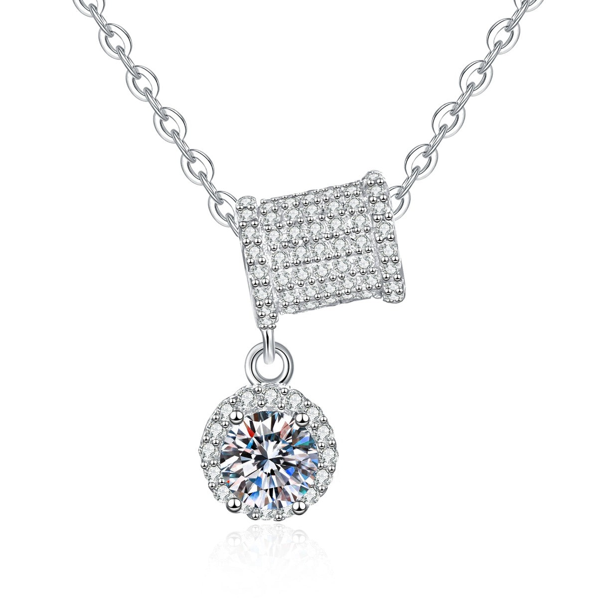 Square Station Moissanite Pendant Necklace with Cubic Zirconia in Platinum-Plated S925 Sterling Silver on clean white background showing the square pavé station pendant with a dangling round moissanite
