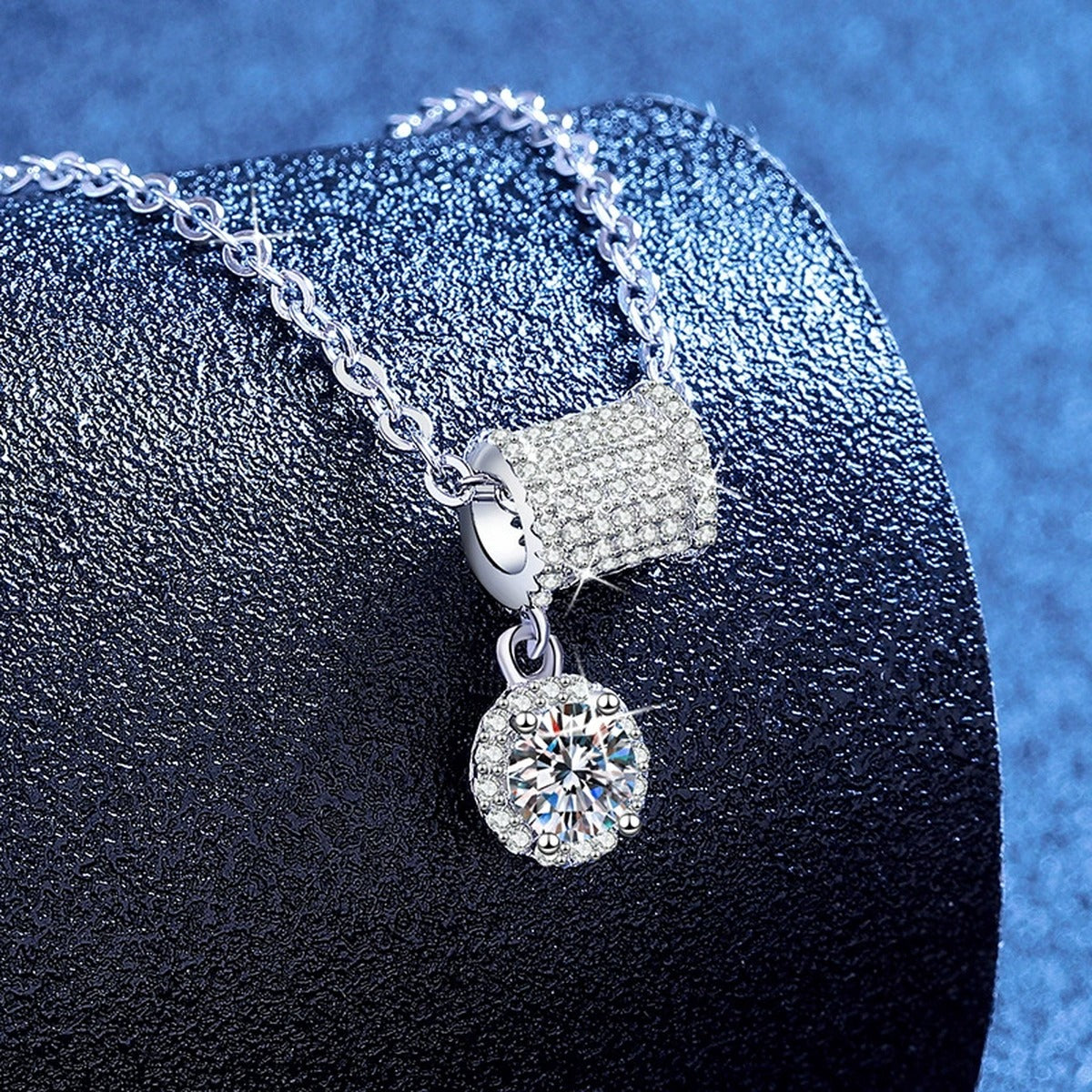 Square Station Moissanite Pendant Necklace with Cubic Zirconia in Platinum-Plated S925 Sterling Silver blue background product view
