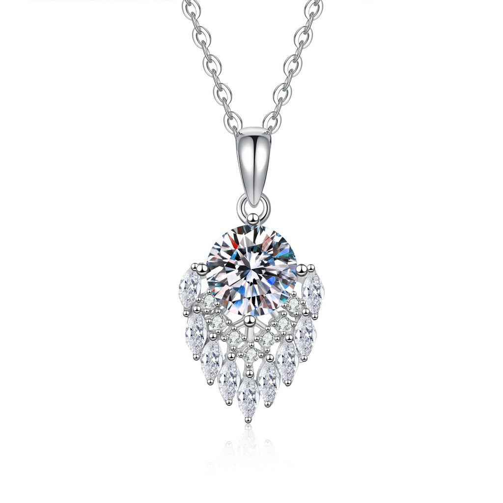 Pear Teardrop Moissanite Pendant Necklace with Cubic Zirconia in Platinum-Plated S925 Sterling Silver on clean white background showing the pear-shaped teardrop pendant with a round moissanite center and cubic zirconia accents