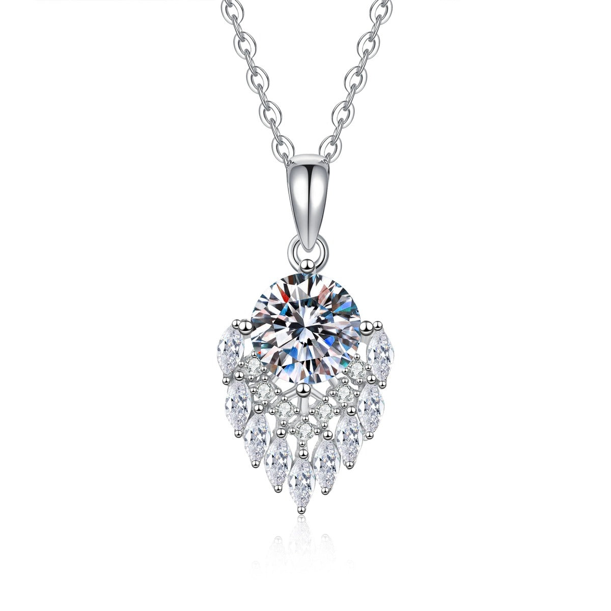 Pear Teardrop Moissanite Pendant Necklace with Cubic Zirconia in Platinum-Plated S925 Sterling Silver on clean white background showing the pear-shaped teardrop pendant with a round moissanite center and cubic zirconia accents
