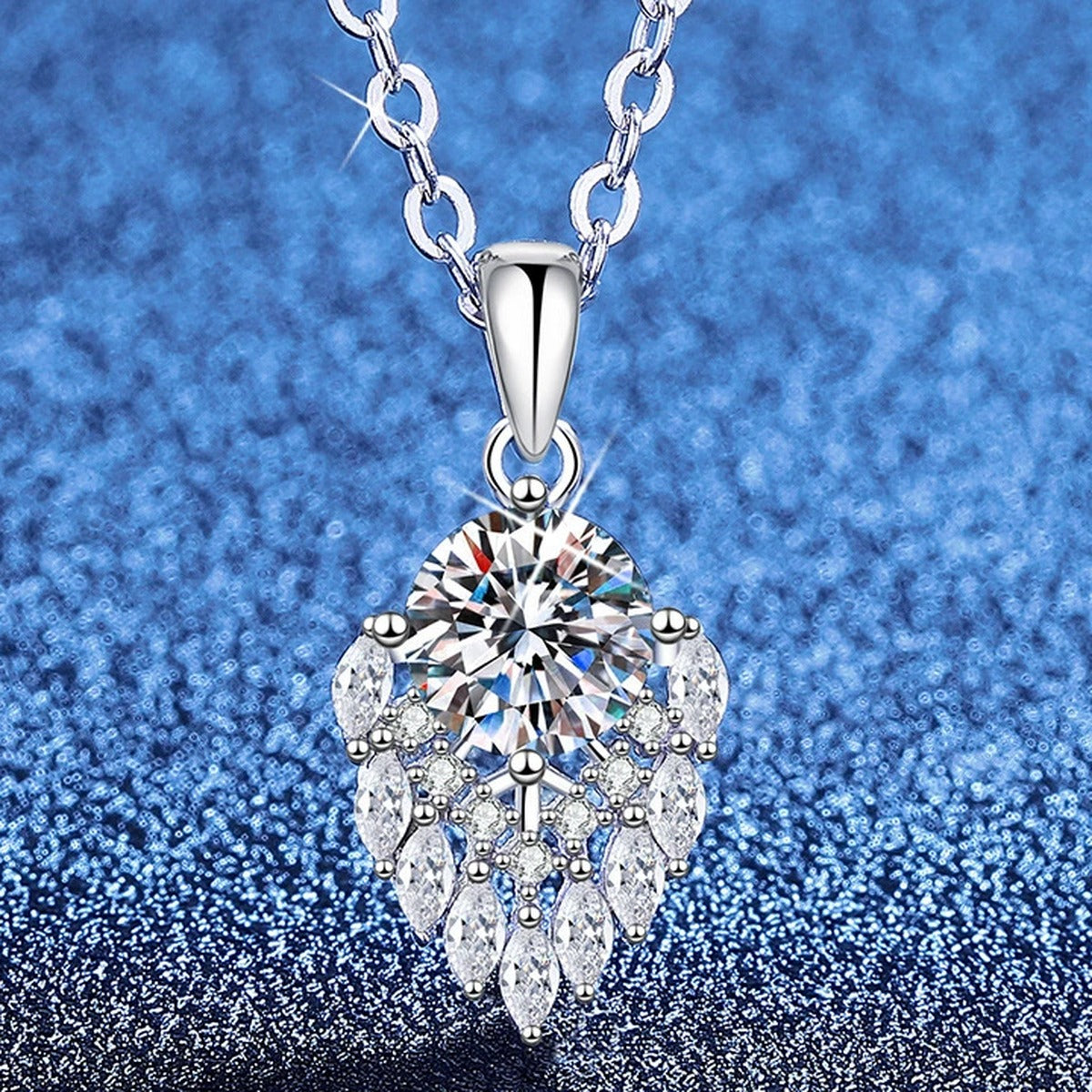 Pear Teardrop Moissanite Pendant Necklace with Cubic Zirconia in Platinum-Plated S925 Sterling Silver blue background product view