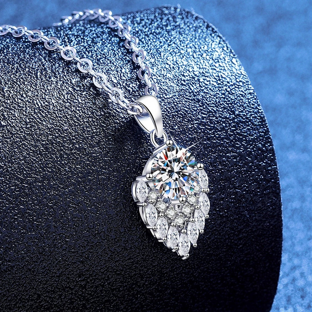 Pear Teardrop Moissanite Pendant Necklace with Cubic Zirconia in Platinum-Plated S925 Sterling Silver blue background angled view