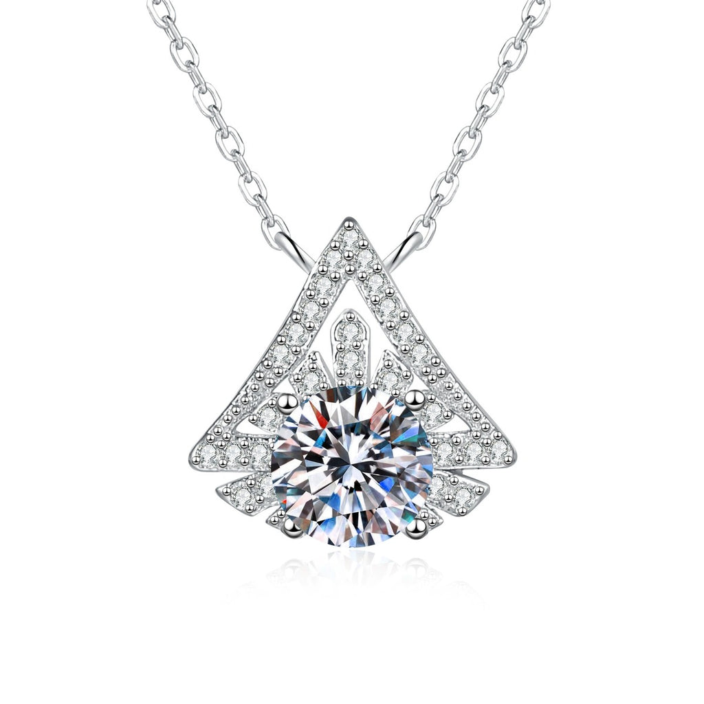 Kite Halo Moissanite Pendant Necklace with Cubic Zirconia in Platinum-Plated S925 Sterling Silver on clean white background showing the kite-shaped halo pendant with a round moissanite center