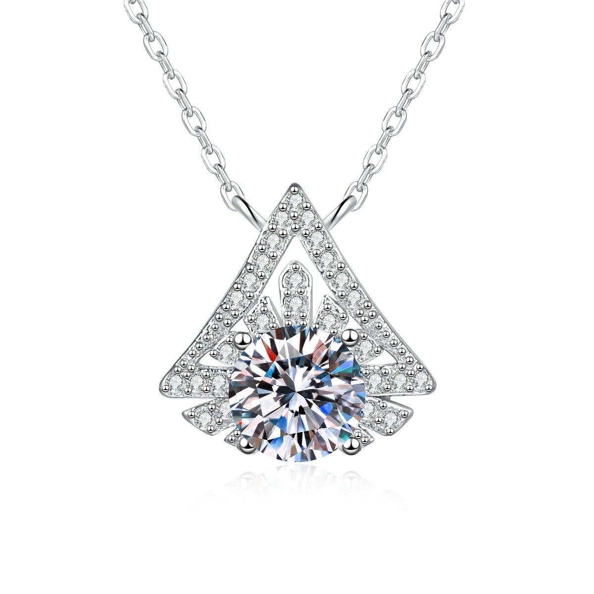 Kite Halo Moissanite Pendant Necklace with Cubic Zirconia in Platinum-Plated S925 Sterling Silver on clean white background showing the kite-shaped halo pendant with a round moissanite center