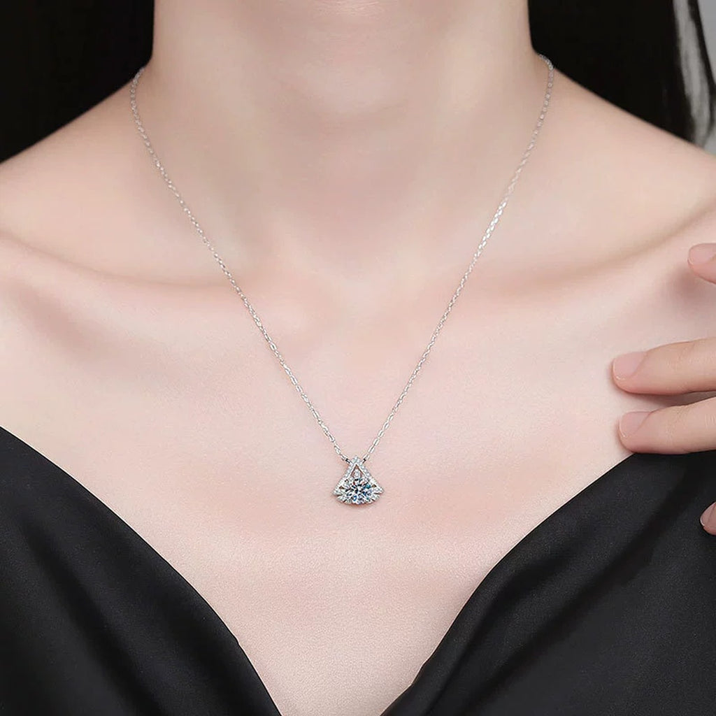 Kite Halo Moissanite Pendant Necklace with Cubic Zirconia in Platinum-Plated S925 Sterling Silver worn on neckline by model