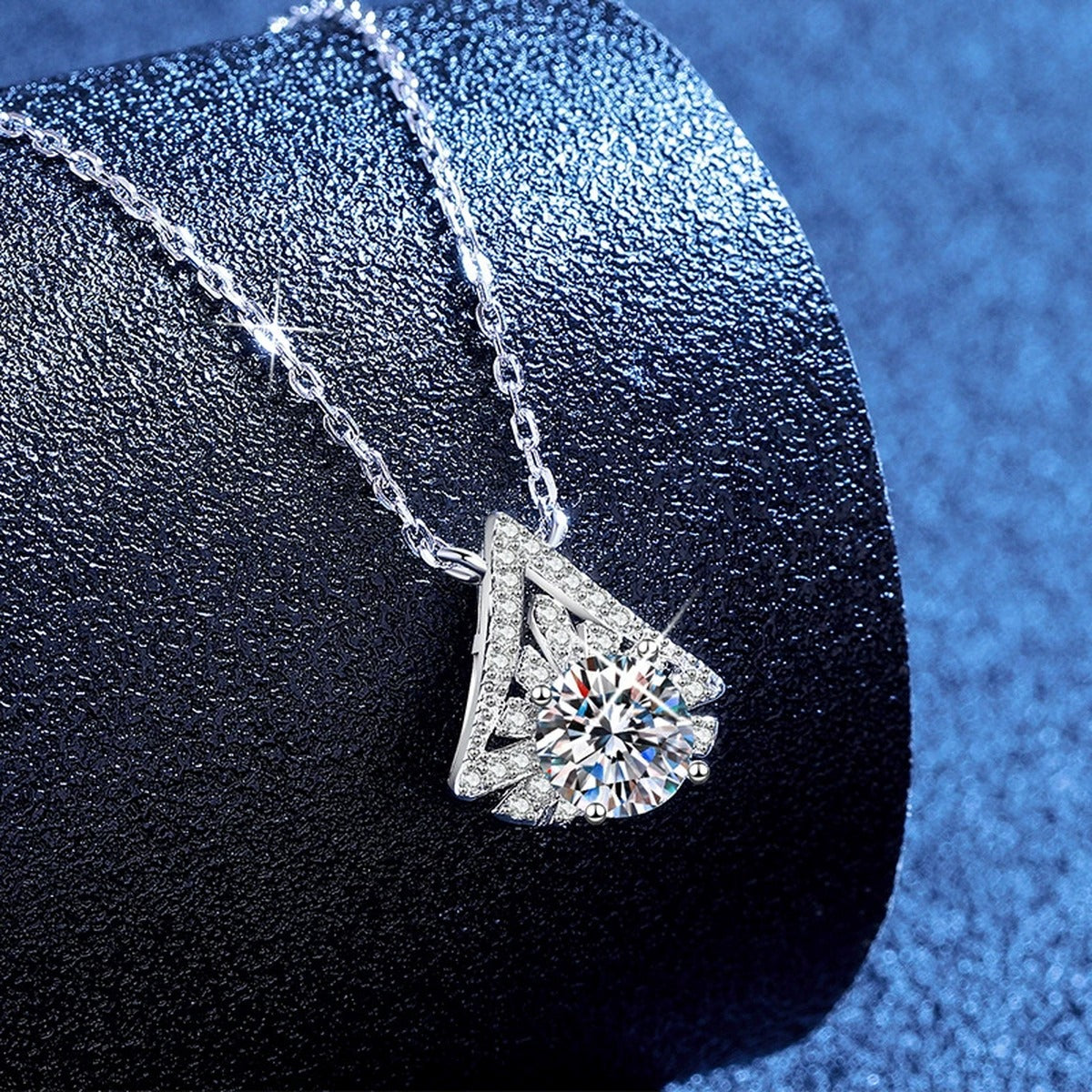 Kite Halo Moissanite Pendant Necklace with Cubic Zirconia in Platinum-Plated S925 Sterling Silver blue background product view