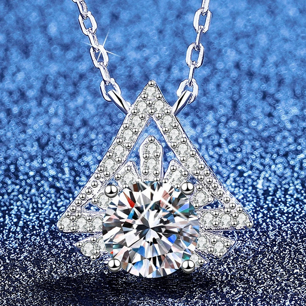 Kite Halo Moissanite Pendant Necklace with Cubic Zirconia in Platinum-Plated S925 Sterling Silver blue background angled view