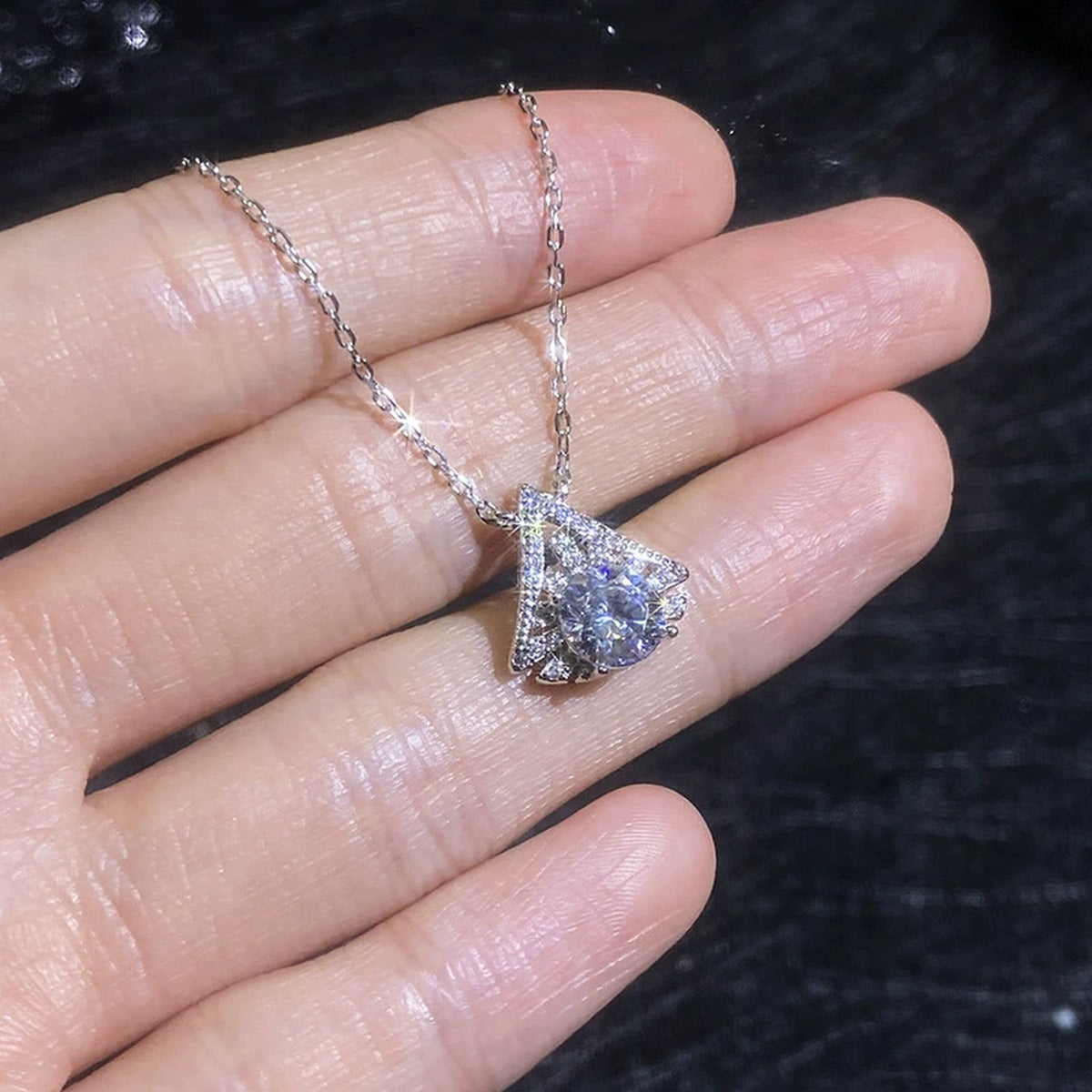 Kite Halo Moissanite Pendant Necklace with Cubic Zirconia in Platinum-Plated S925 Sterling Silver close-up product detail view