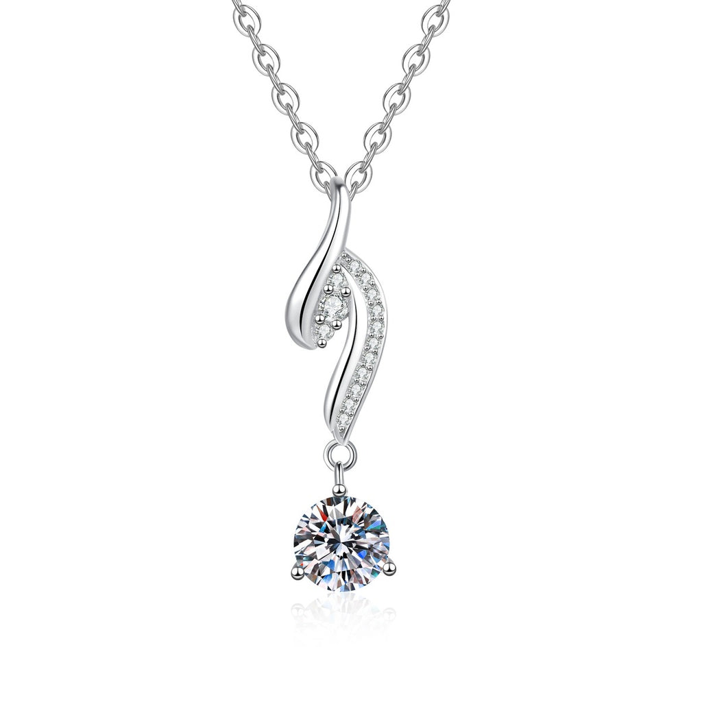 Long Hook Moissanite Pendant Necklace with Cubic Zirconia in Platinum-Plated S925 Sterling Silver on clean white background showing the long hook-shaped drop pendant with a round moissanite accent