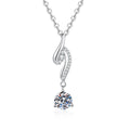 Long Hook Moissanite Pendant Necklace with Cubic Zirconia in Platinum-Plated S925 Sterling Silver on clean white background showing the long hook-shaped drop pendant with a round moissanite accent