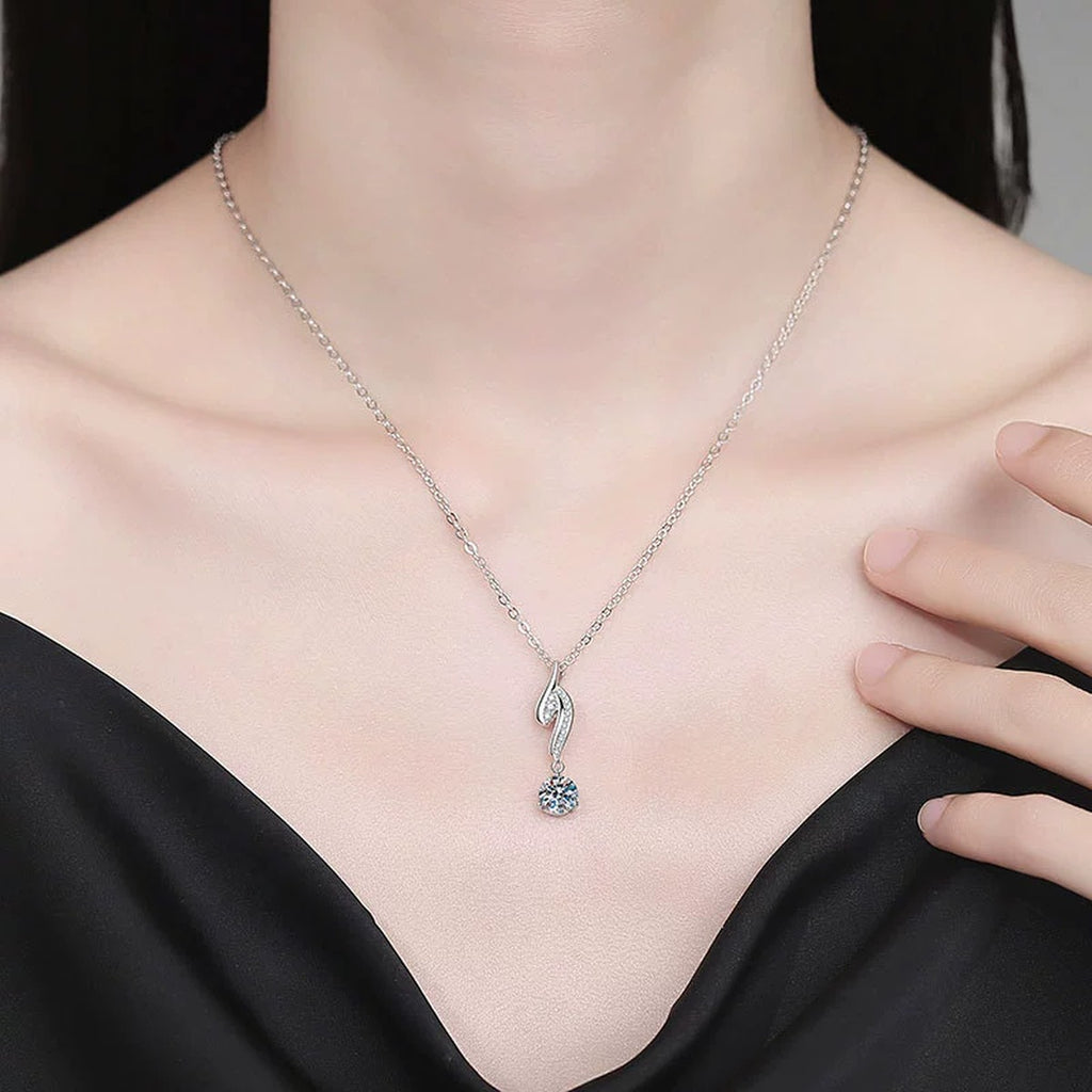 Long Hook Moissanite Pendant Necklace with Cubic Zirconia in Platinum-Plated S925 Sterling Silver worn on neckline by model