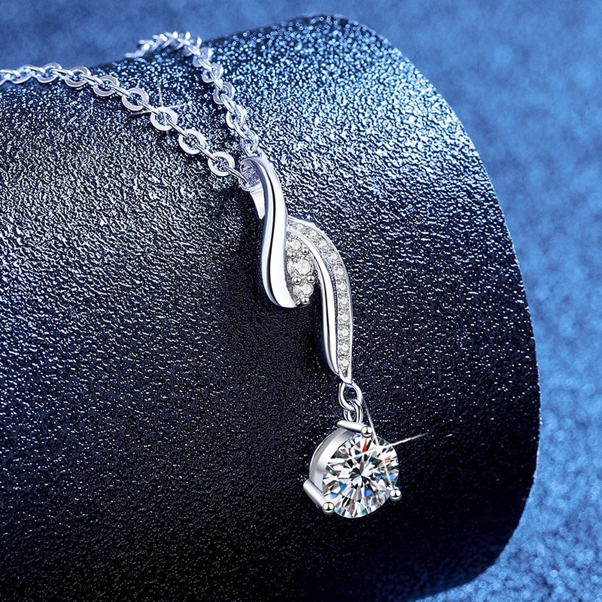 Long Hook Moissanite Pendant Necklace with Cubic Zirconia in Platinum-Plated S925 Sterling Silver blue background product view