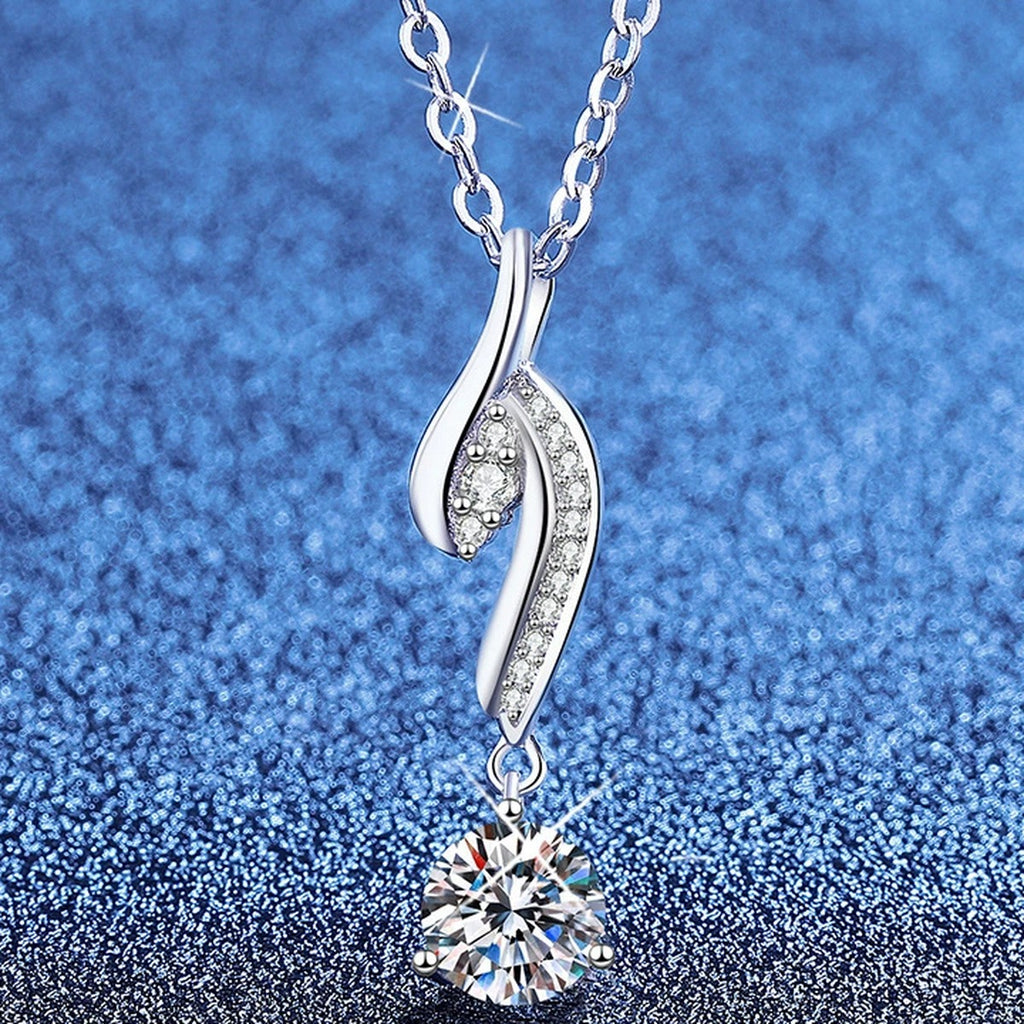 Long Hook Moissanite Pendant Necklace with Cubic Zirconia in Platinum-Plated S925 Sterling Silver blue background angled view