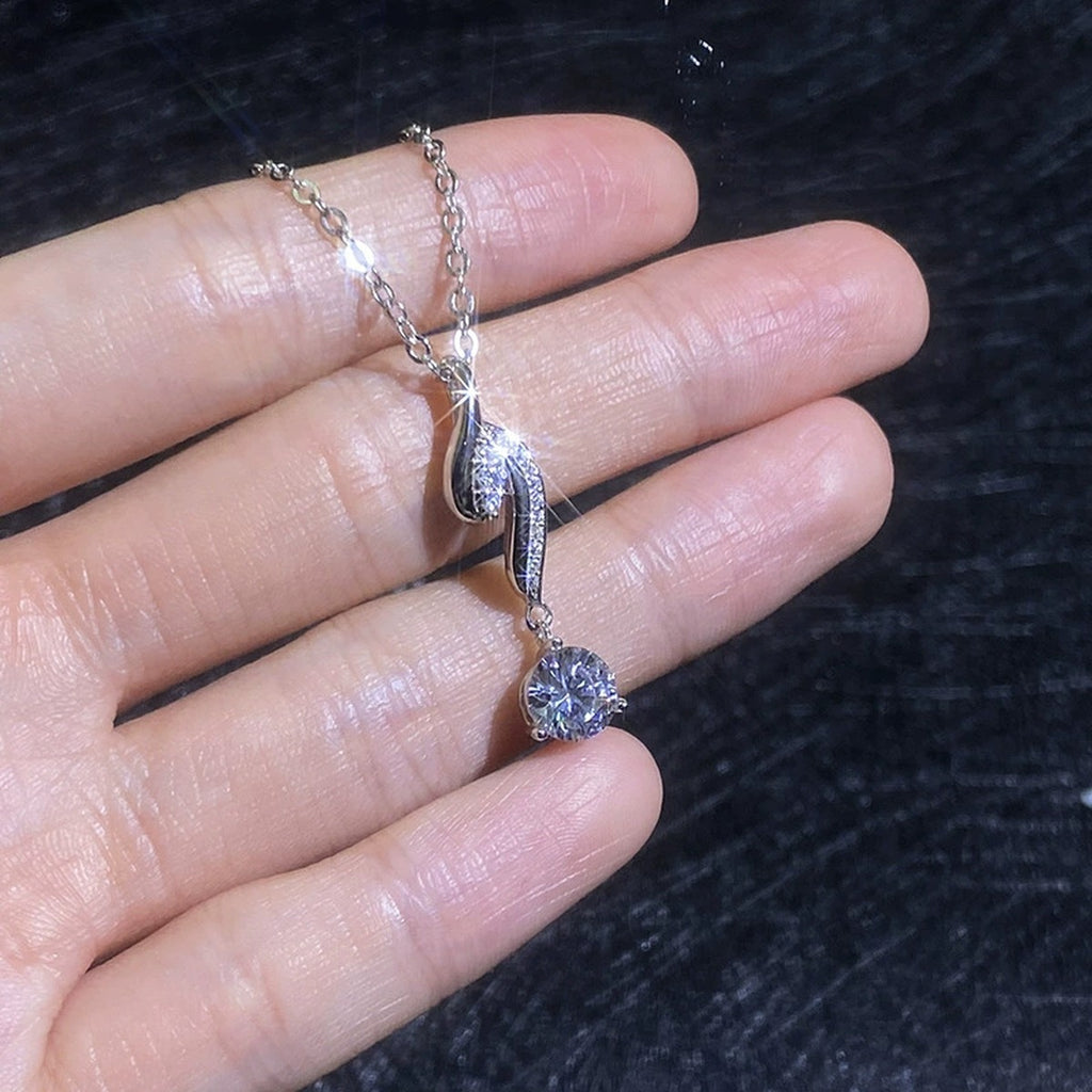 Long Hook Moissanite Pendant Necklace with Cubic Zirconia in Platinum-Plated S925 Sterling Silver close-up product detail view