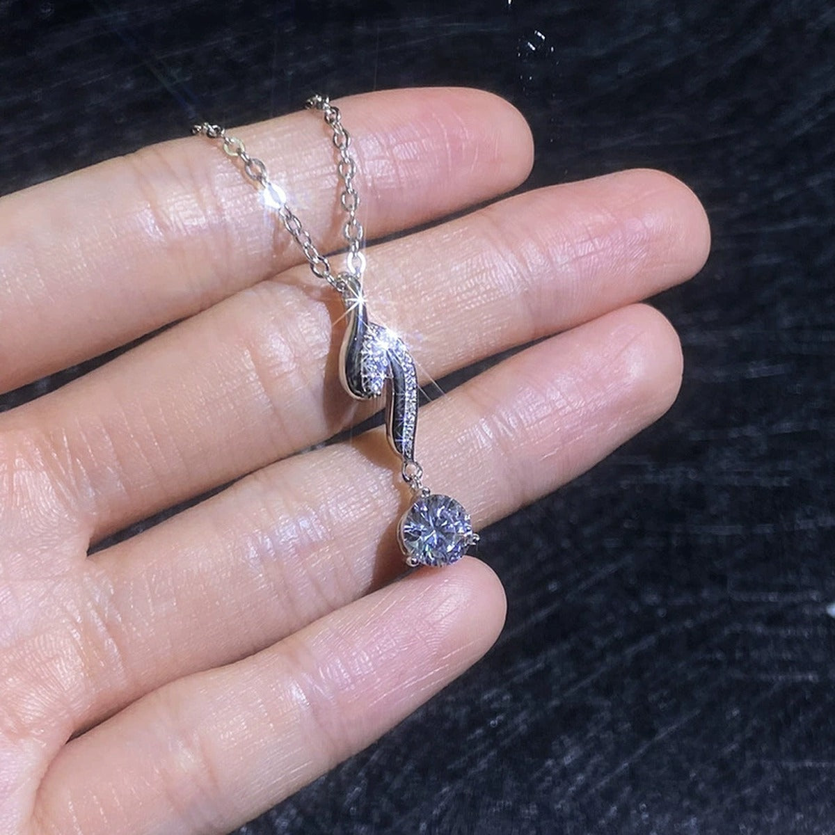 Long Hook Moissanite Pendant Necklace with Cubic Zirconia in Platinum-Plated S925 Sterling Silver close-up product detail view