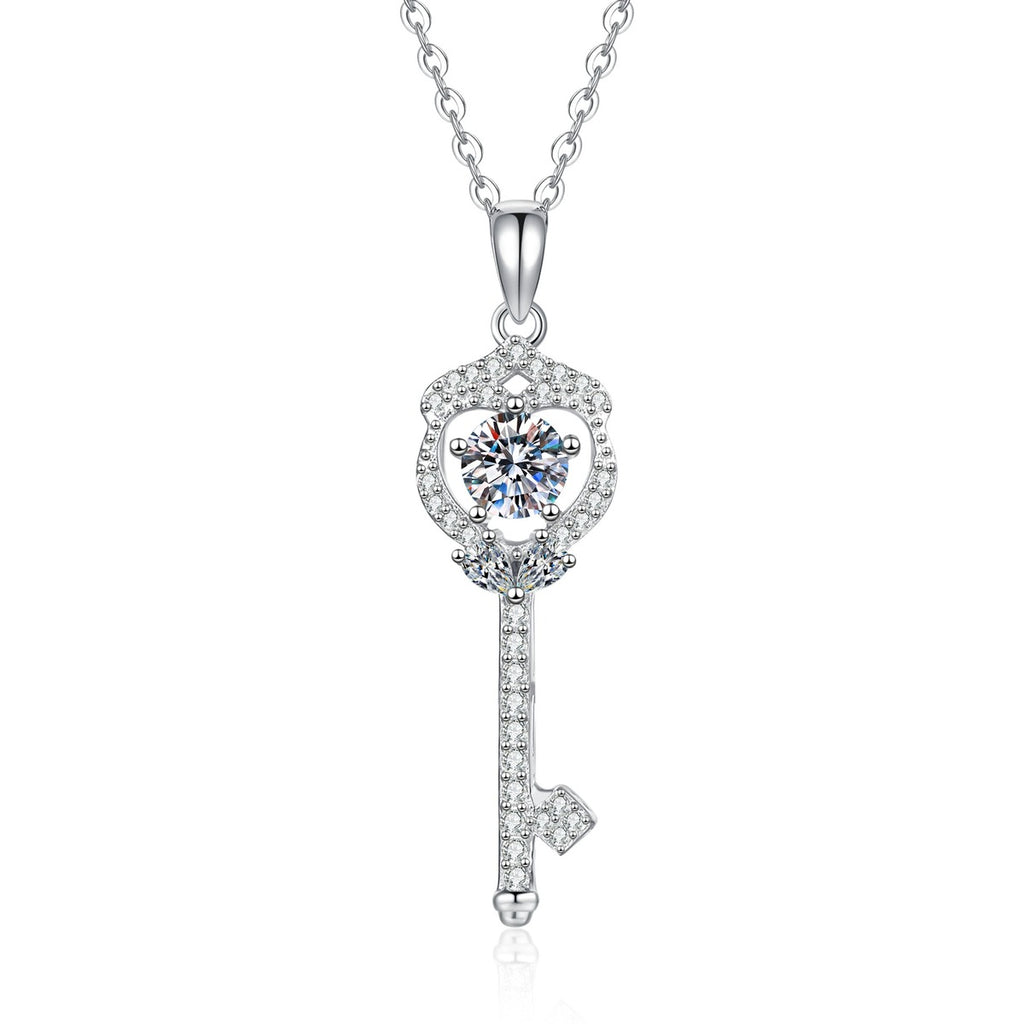Slim Key Moissanite Pendant Necklace with Cubic Zirconia in Platinum-Plated S925 Sterling Silver on clean white background showing the slim key pendant with a round moissanite center and cubic zirconia accents