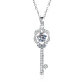 Slim Key Moissanite Pendant Necklace with Cubic Zirconia in Platinum-Plated S925 Sterling Silver on clean white background showing the slim key pendant with a round moissanite center and cubic zirconia accents