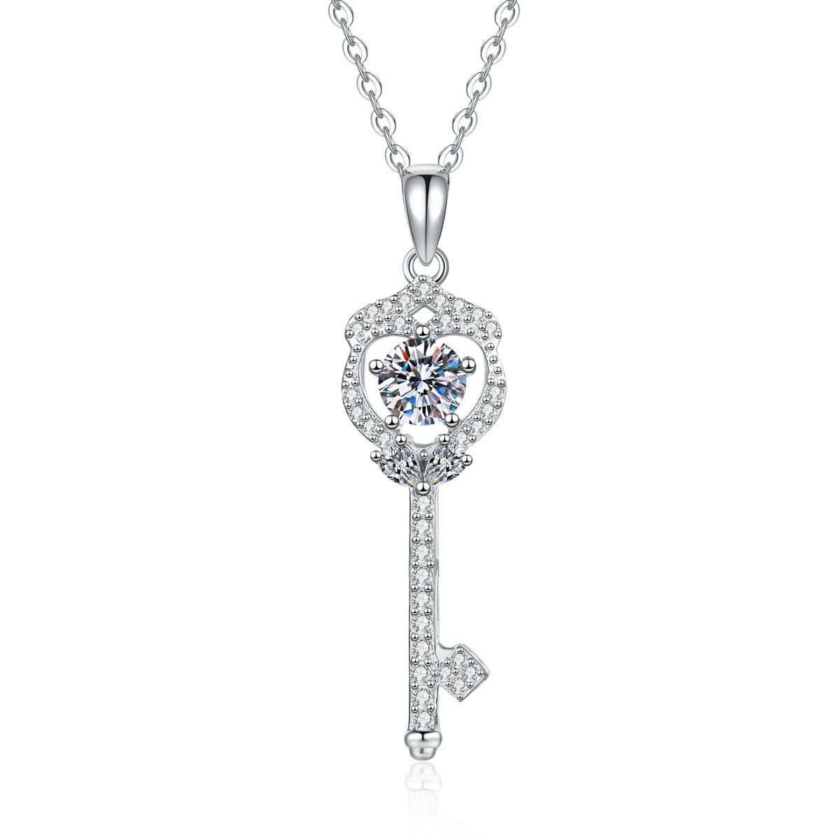 Slim Key Moissanite Pendant Necklace with Cubic Zirconia in Platinum-Plated S925 Sterling Silver on clean white background showing the slim key pendant with a round moissanite center and cubic zirconia accents